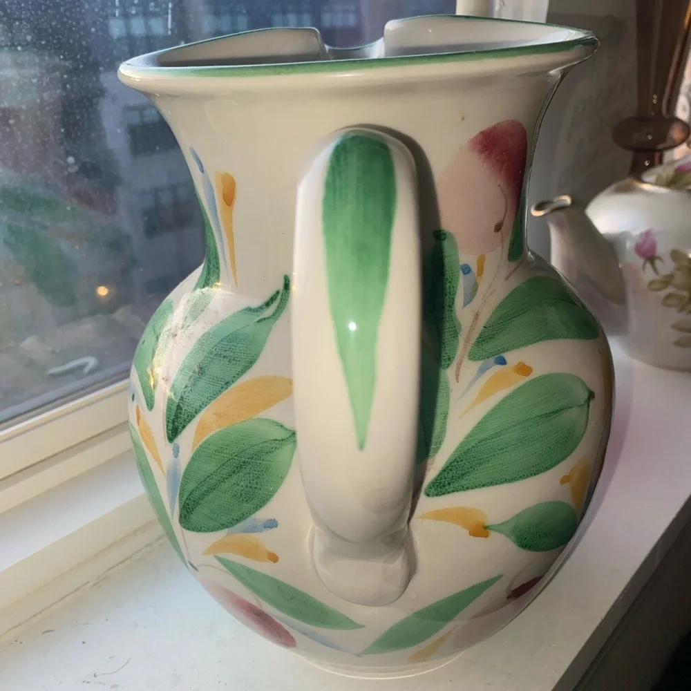 Crate & Barrel Brillante Floral Ceramic Pitcher 65oz Hand Painted Made in Italy